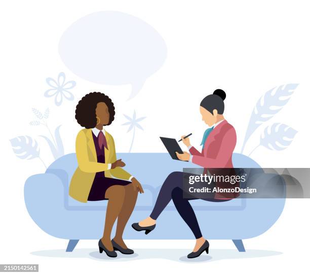 ilustraciones, imágenes clip art, dibujos animados e iconos de stock de psicóloga asesorando a una triste mujer de negocios afroamericana. - visita