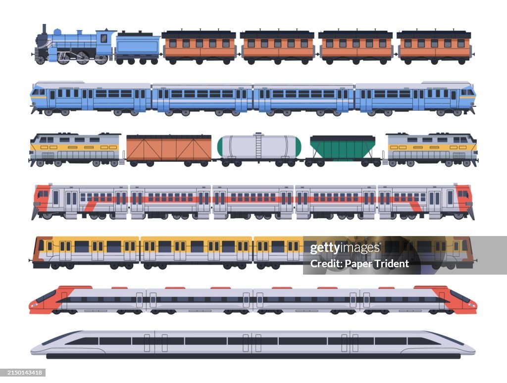 Train Consist Example Different Rail Transport Set Passenger And Goods Trains With Wagons ...