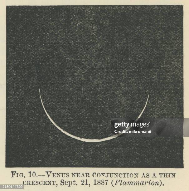 old engraved illustration of astronomy - venus planet near conjunction as a thin crescent (september 21, 1887) - 1887 stock pictures, royalty-free photos & images