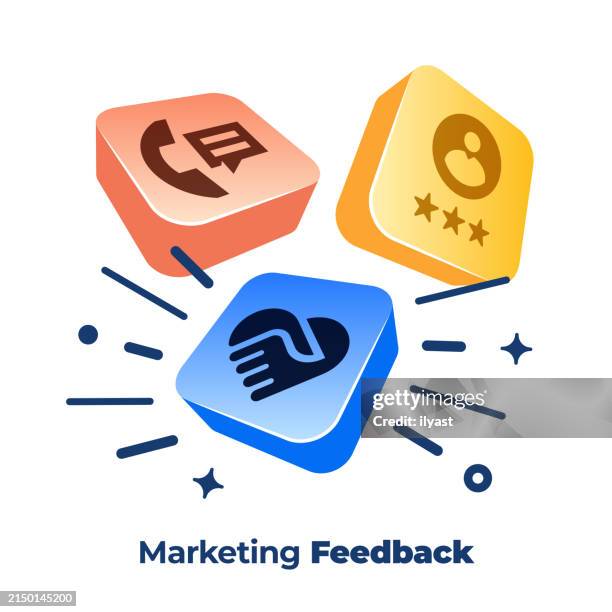 3d vector buttons with icons for marketing feedback - customer support isometric stock illustrations