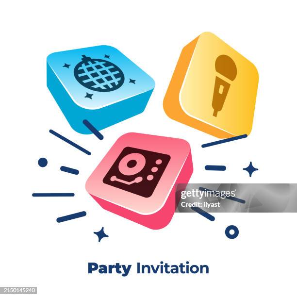 3d vector buttons with icons for party invitation - karaoke stock illustrations