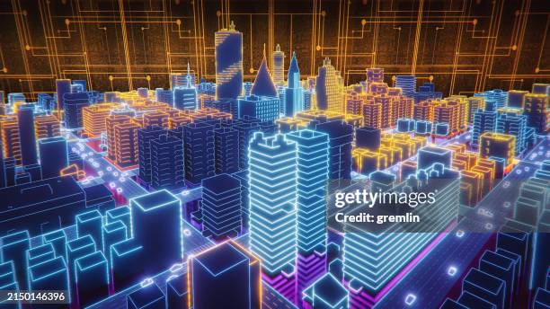 futuristic metaverse neon city - cidade inteligente imagens e fotografias de stock