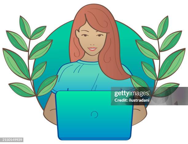 girl working on computer - hybrid working stock illustrations
