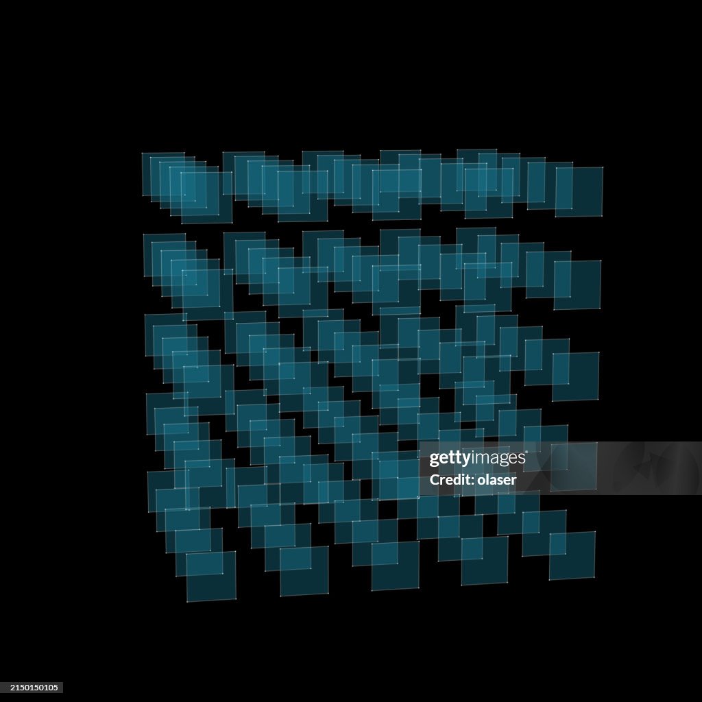 Technology: In space, squares in cube shape. Perspective is used.