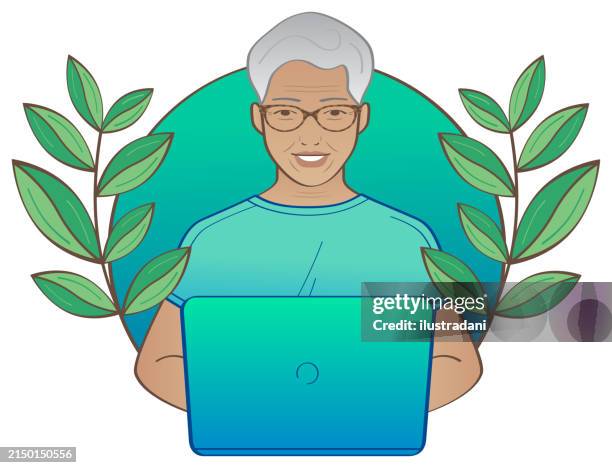 happy senior man working on computer - hybrid working stock illustrations