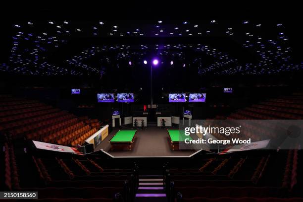 General view inside the Crucible Theatre during day six of the Cazoo World Snooker Championship 2024 at Crucible Theatre on April 25, 2024 in...