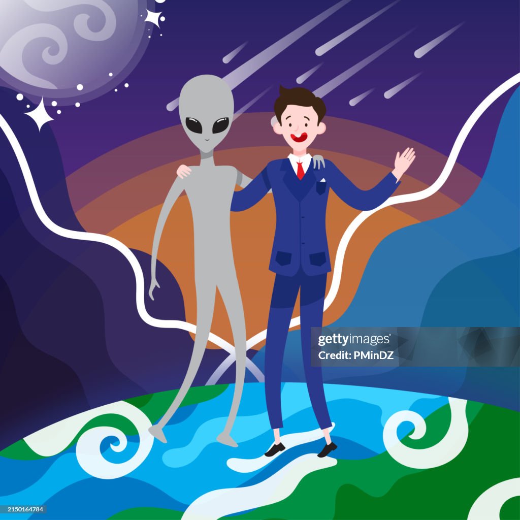 Futurism style illustrations,Alien hugs human neck