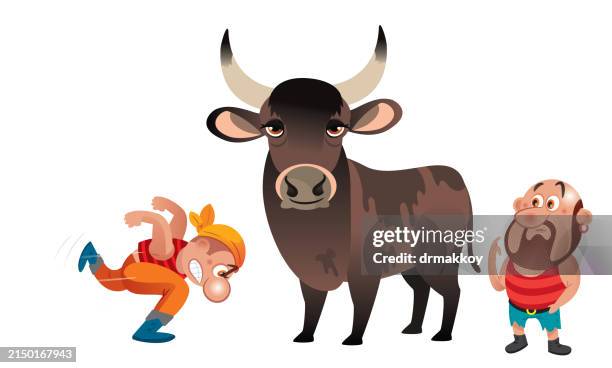 man head butting a bull - bull butting stock illustrations