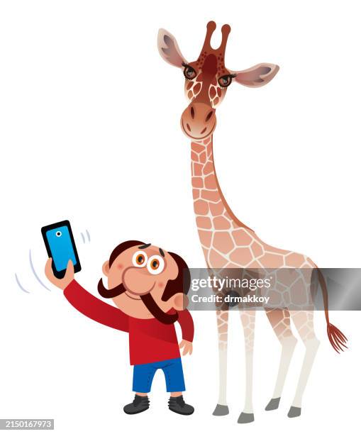 man taking selfie with giraffe - children taking selfie stock illustrations