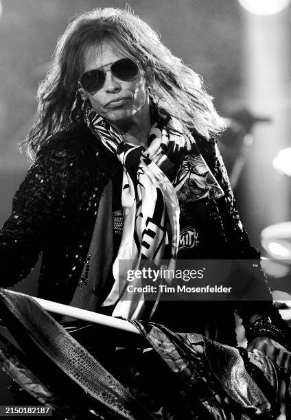 Steven Tyler of Aerosmith performs during the opening night of the bands' Cocked, Locked, Ready to Rock Tour at Oracle Arena on July 23, 2010 in...