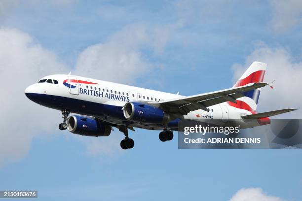 British Airways Airbus A391-131 comes in to land at Heathrow Airport in west London on April 29, 2024.
