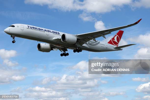 Turkish Airlines Airbus A350-941 comes in to land at Heathrow Airport in west London on April 29, 2024.
