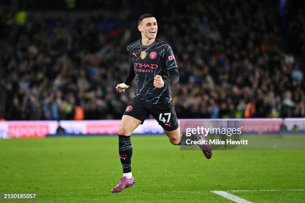 Phil Foden of Manchester City celebrates scoring his team's second goal from a free-kick during the Premier League match between Brighton & Hove...