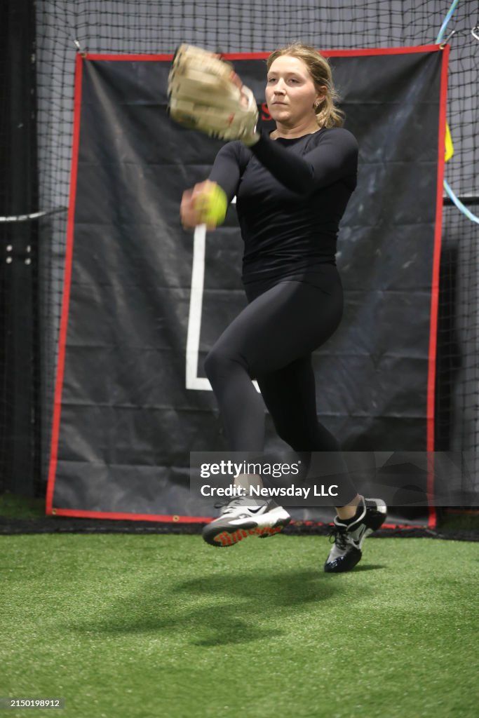 Sarah Cornell, practices throwing for professional softball team, the New York Rise