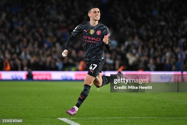 Phil Foden of Manchester City celebrates after scoring during the Premier League match between Brighton & Hove Albion and Manchester City at American...