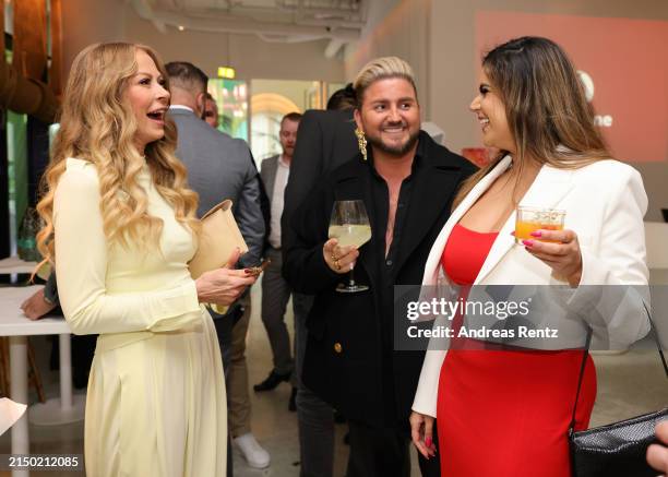 Jenny Elvers, Justus Toussis and Tanja Tischewitsch attend the Vodafone Night Of Entertainment at The Paradise Now on April 25, 2024 in Duesseldorf,...