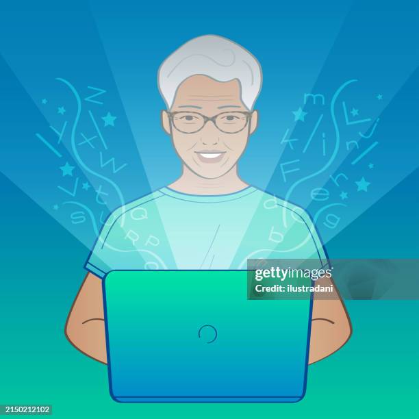 senior man working on computer with light and letters coming out - older man looking at computer stock illustrations