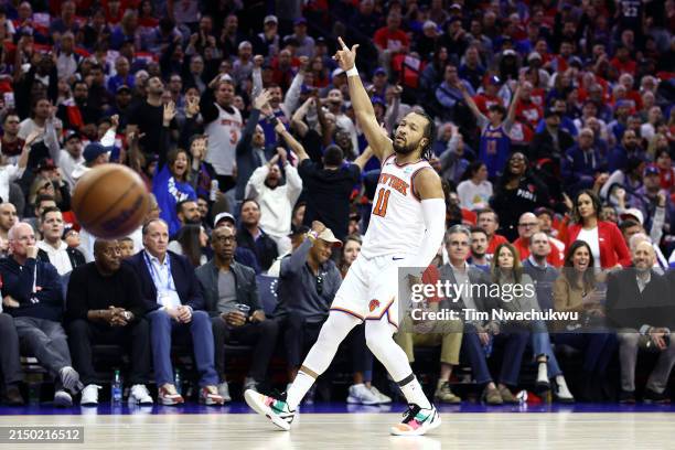 Jalen Brunson of the New York Knicks reacts after scoring against the Philadelphia 76ers during the first quarter game three of the Eastern...