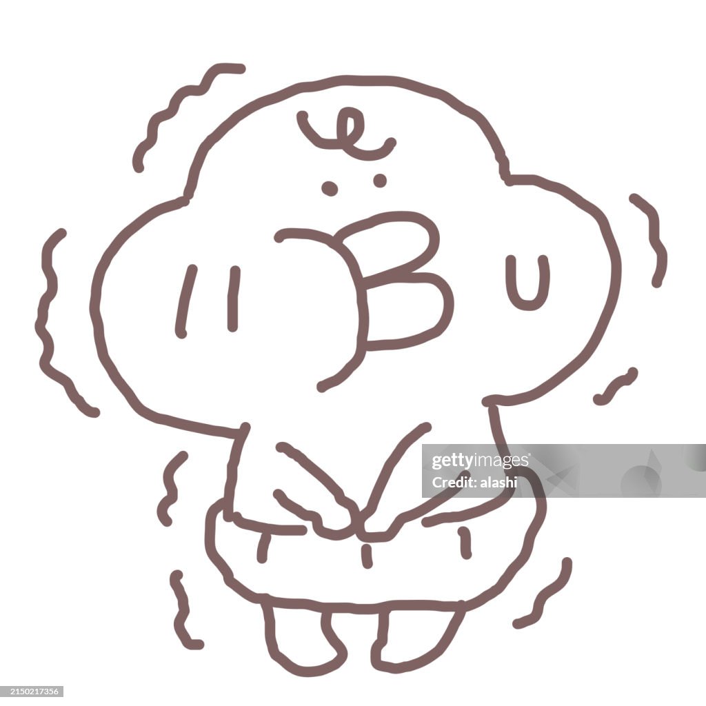 A unique and funny baby, a toddler drawn with hand-drawn lines, is shivering with fear or cold, trying to hold in his urine, or wanting to poop