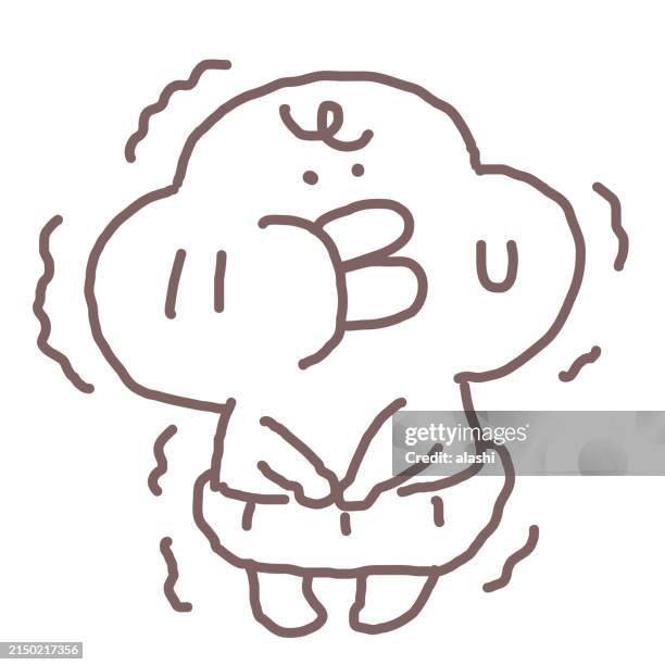 a unique and funny baby, a toddler drawn with hand-drawn lines, is shivering with fear or cold, trying to hold in his urine, or wanting to poop - potty training stock illustrations