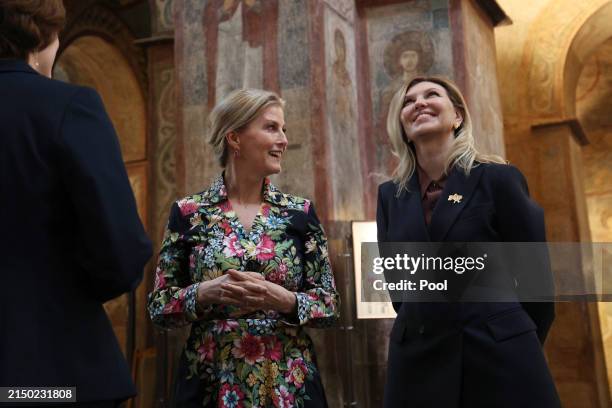 Sophie, Duchess of Edinburgh with the First Lady of Ukraine Olena Zelenska visit the Saint Sophia Cathedral on April 29, 2024 in Kyiv. The Duchess of...