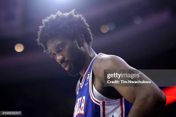 Joel Embiid of the Philadelphia 76ers looks on during the fourth quarter against the New York Knicks during game three of the Eastern Conference...