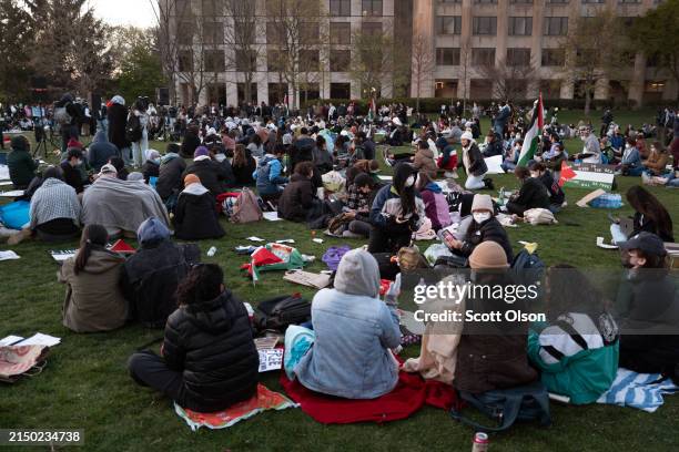 People rally on the campus of Northwestern University to show support for residents of Gaza on April 25, 2024 in Evanston, Illinois. The rally is...