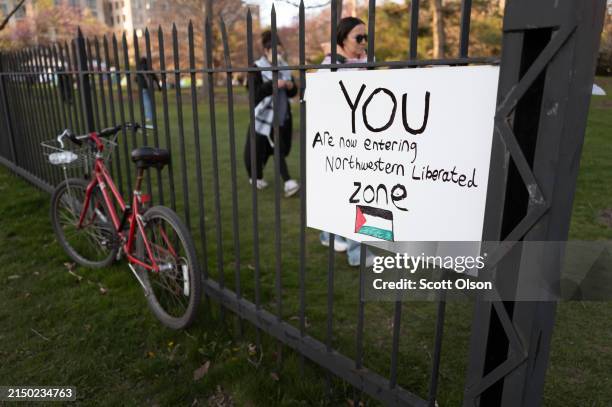 People rally on the campus of Northwestern University to show support for residents of Gaza on April 25, 2024 in Evanston, Illinois. The rally is...