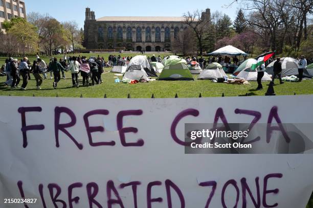 People rally on the campus of Northwestern University to show support for residents of Gaza on April 25, 2024 in Evanston, Illinois. The rally is...