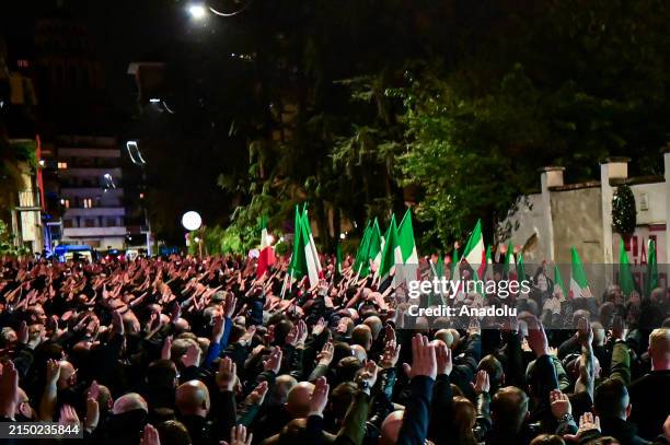 People of far right groups perform the fascist salute during the commemoration of Sergio Ramelli in Milan, Italy on April 29, 2024.
