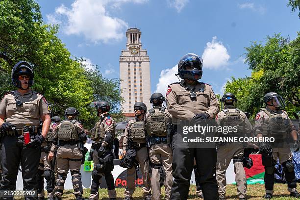 Texas State troopers stand guard during pro-Palestinian protests aginst the Israeli onslaught on Gaza in response to Hamas' October 7 attack at the...