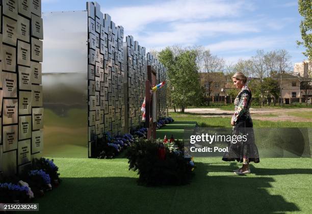 Sophie, Duchess of Edinburgh visits the memorial to the victims of the Russian occupation in the town of Bucha on April 29, 2024 in Bucha, Ukraine....