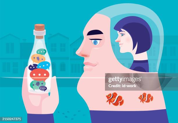 woman operating robot man who holding messages with bugs inside bottle - threat intelligence stock illustrations