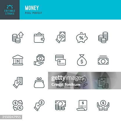 Money - set of vector linear icons. Pixel perfect. Editable stroke. The set includes a Money, Bank, Money Bag, Wallet, Change Purse, Piggy Bank, ATM Machine, Financial Bill, Paycheck, Credit Card. Money - set of vector linear icons. Pixel perfect. Editable stroke. The set includes a Money, Bank, Money Bag, Wallet, Change Purse, Piggy Bank, ATM Machine, Financial Bill, Paycheck, Credit Card.