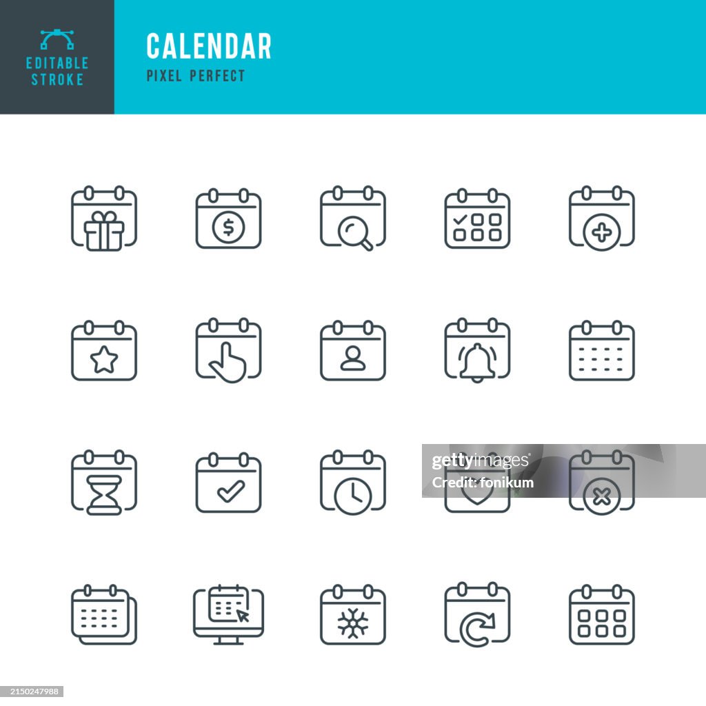 Calendar - set of vector linear icons. Pixel perfect. Editable stroke. The set includes a Calendar, Reminder, Important date, Date Searching, Add Date, Delete Date, Approved Schedule, Event Date.