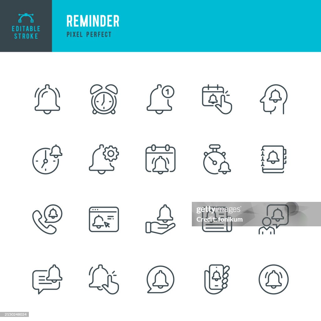 Reminder - set of vector linear icons. Pixel perfect. Editable stroke. The set includes a Reminder, Bell, Alarm Clock, Reminder Message, Calendar, Personal Organizer, Smart Phone, Stopwatch.