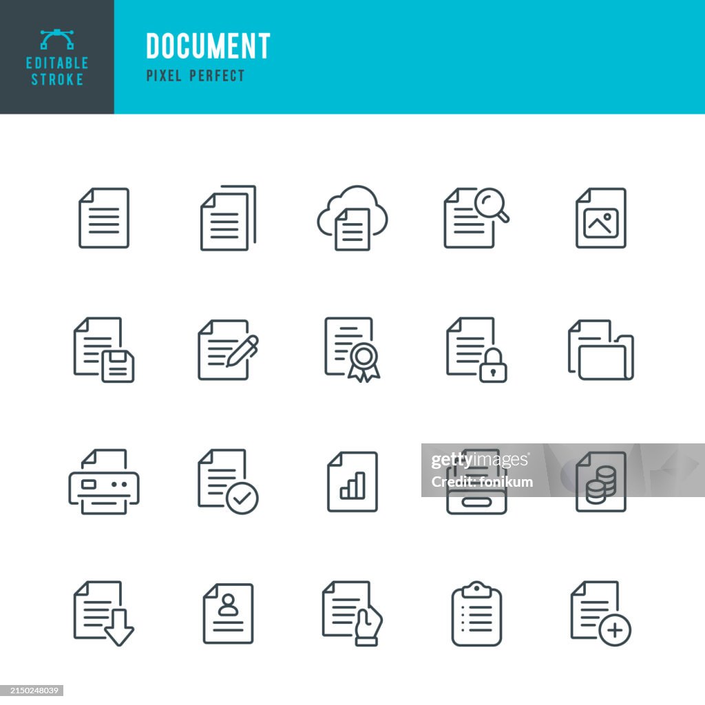 Document - set of vector linear icons. Pixel perfect. Editable stroke. The set includes a Document, File, Diploma, File Downloading, Resume, Report, Document Approved, Portfolio, Checklist, Archive, Document Searching, Computer Printer.