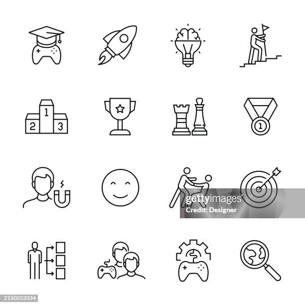 simple gamification line icon set. technology, gamer, learning, challenge, motivation, incentive, video game. - gamification stock illustrations