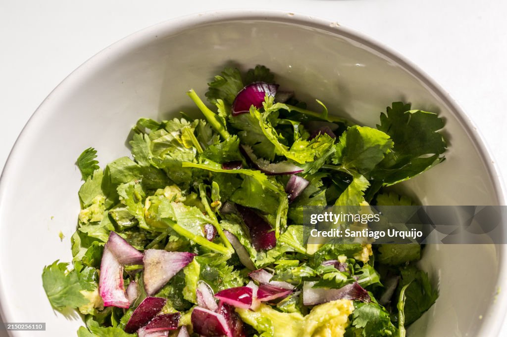 Salad of broccoli sprouts, purple onions, avocado and cilantro