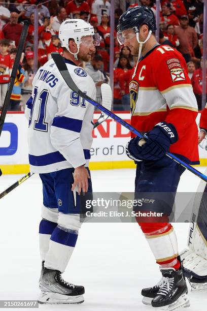 Steven Stamkos of the Tampa Bay Lightning congratulates Aleksander Barkov of the Florida Panthers on their 6-1 win in Game Five of the First Round of...