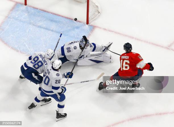 Aleksander Barkov of the Florida Panthers scores a goal past Goaltender Andrei Vasilevskiy of the Tampa Bay Lightning during second period action in...