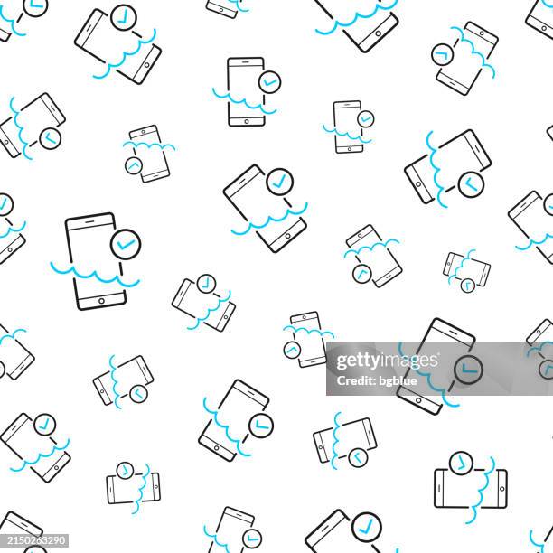 waterproof smartphone. seamless pattern. line icons on white background - phone under water stock illustrations