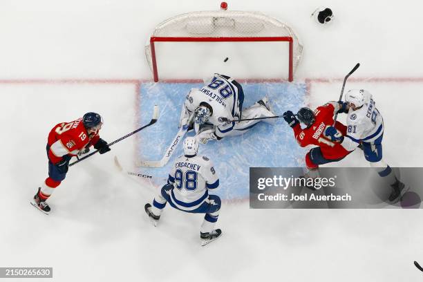 Aleksander Barkov of the Florida Panthers scores a third period goal past goaltender Andrei Vasilevskiy of the Tampa Bay Lightning in Game Five of...