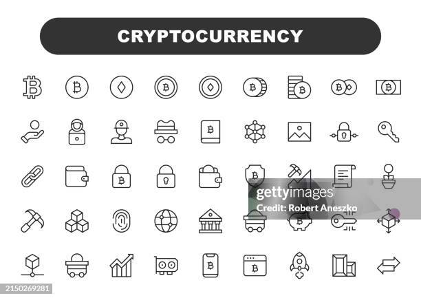 illustrazioni stock, clip art, cartoni animati e icone di tendenza di icone della linea di criptovaluta. tratto modificabile, contiene icone come bitcoin, blocco, blockchain, grafico, moneta, rete di computer, cpu, criptovaluta, valuta, digitale, ethereum, finanza, gpu, chiave, minatore, mining, denaro, rete, nft, sicurezza, - tasto-di-computer