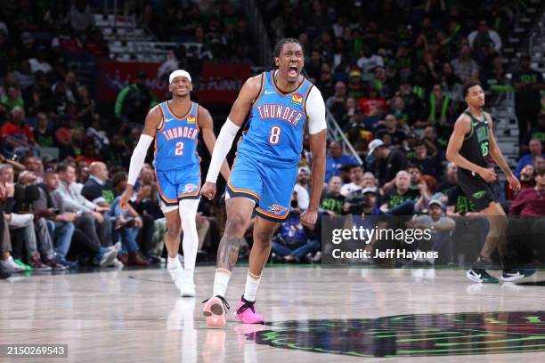 Jalen Williams of the Oklahoma City Thunder celebrates during the game against the New Orleans Pelicans during Round 1 Game 4 of the 2024 NBA...