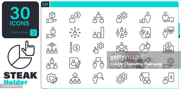 business cooperation icon set. 30 editable stroke vector graphic elements, stock illustration icon symbol, business, people, making money, stakeholder, teamwork, partnership - stakeholders stock illustrations