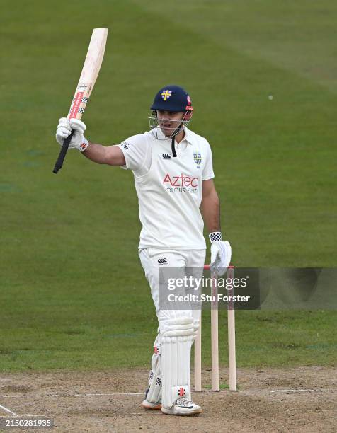 Durham batsman David Bedingham reaches his half century duri day one of the Vitality County Championship Division One match between Durham and Essex...