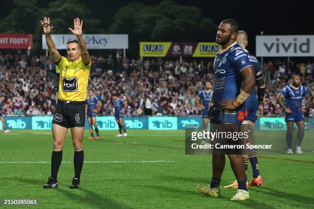 Maika Sivo of the Eels is sent to the sin-bin by referee Gerard Sutton during the round eight NRL match between Manly Sea Eagles and Parramatta Eels...