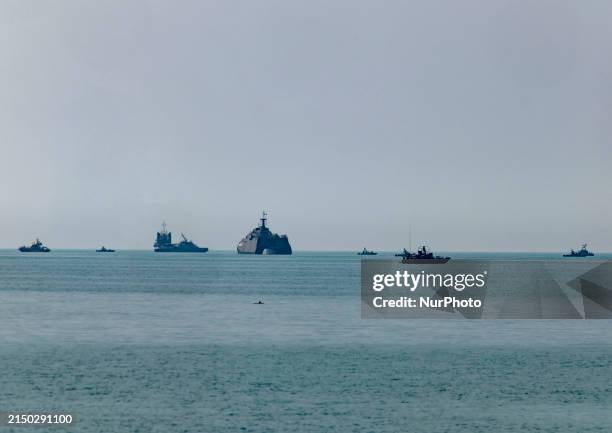 Islamic Revolutionary Guard Corps Navy warships are sailing along the Persian Gulf during the IRGC marine parade to commemorate Persian Gulf National...