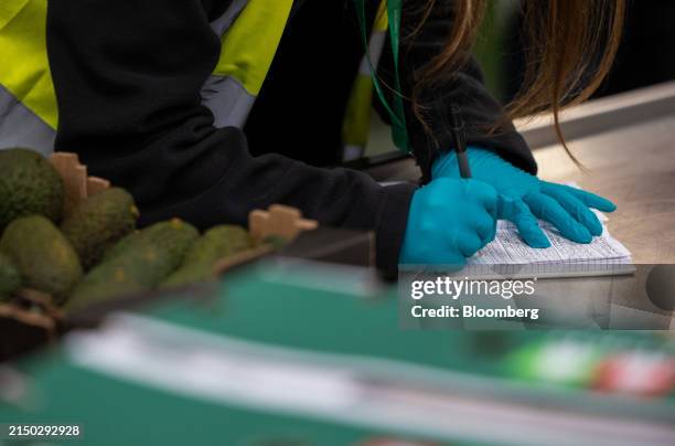 An Animal & Plant Health Agency employee makes notes after inspecting avocados inside a border control post during a visit ahead of opening at London...
